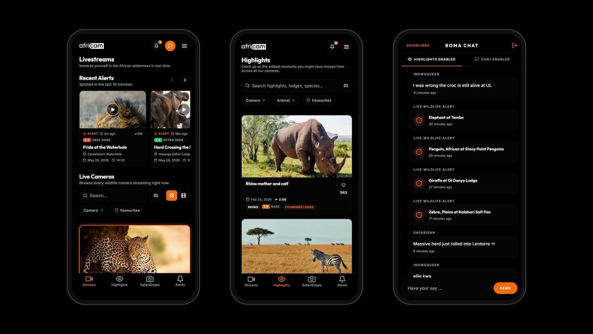 Three screens of the Africam app: live streams, alerts and SafariSnaps