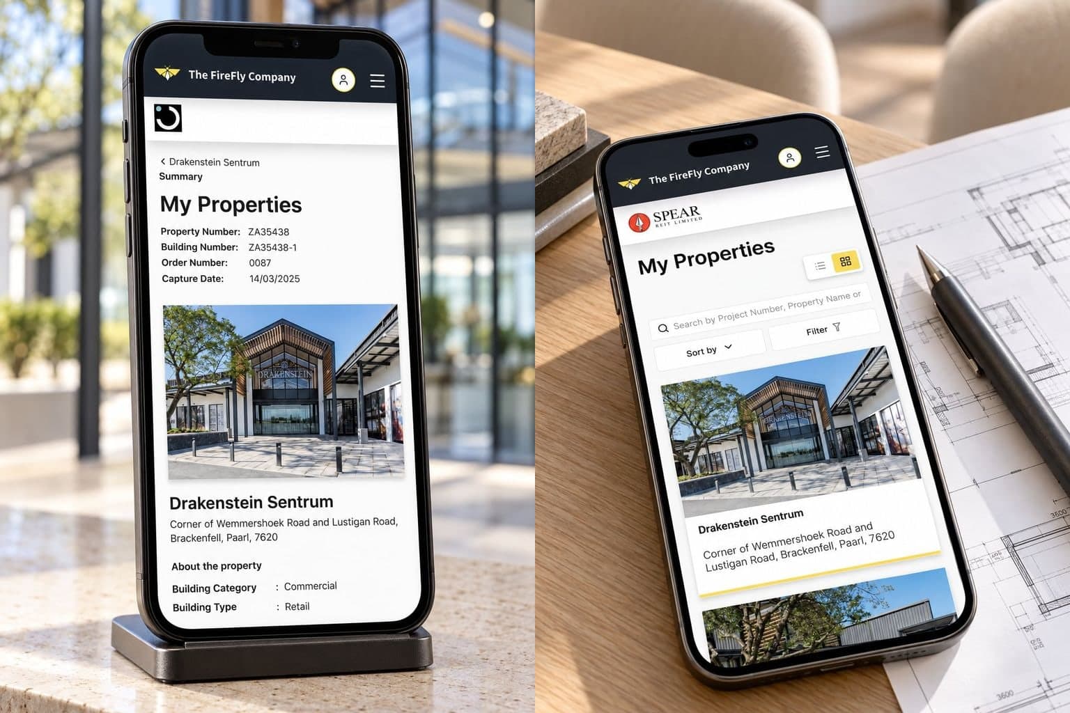 The Firefly app on two phones: a property record for Drakenstein Sentrum, and the searchable list of properties