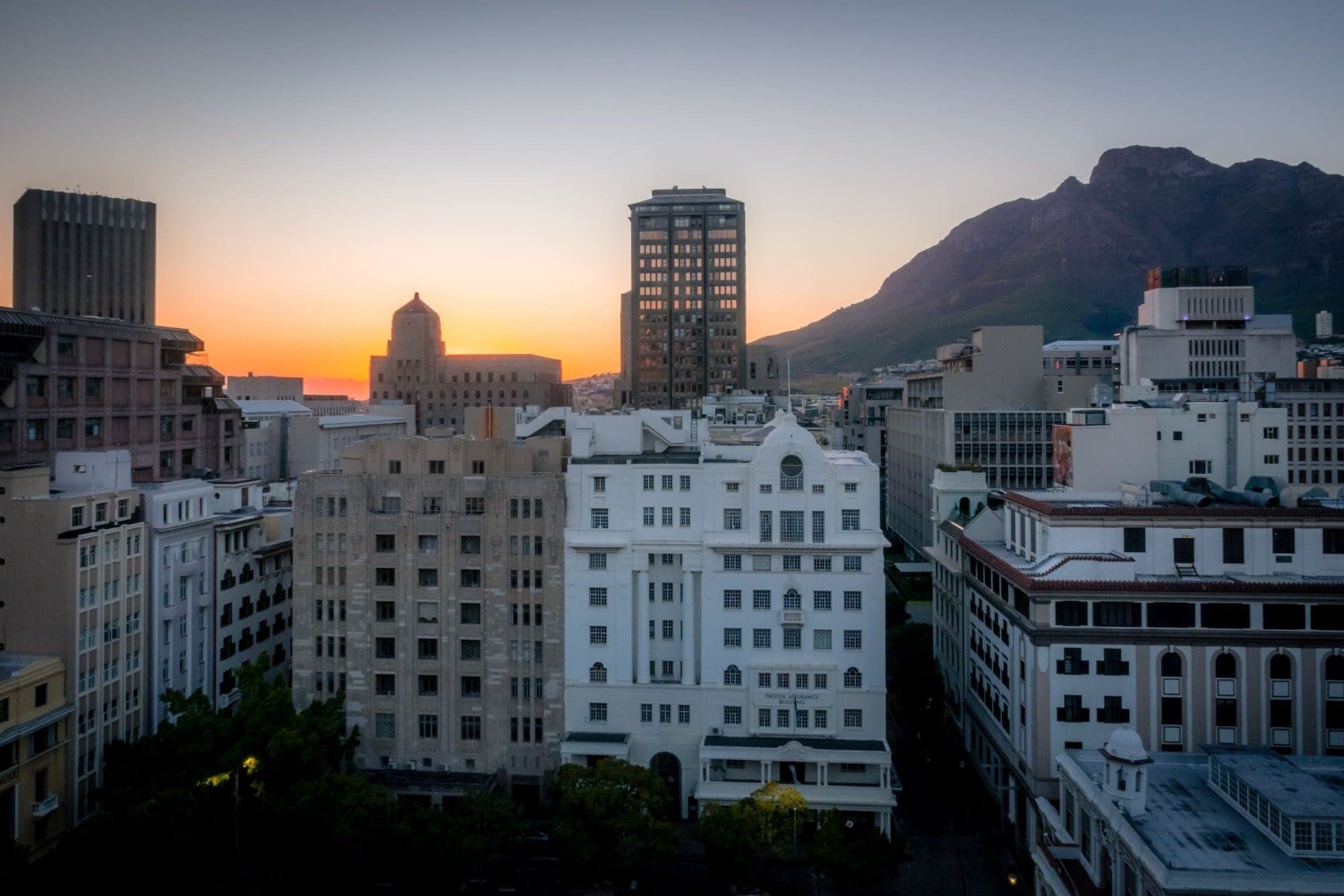 Cape Town at dusk, the city below Table Mountain