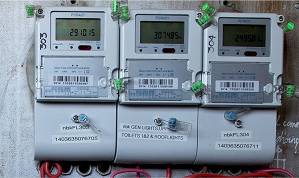 A bank of prepaid electricity meters