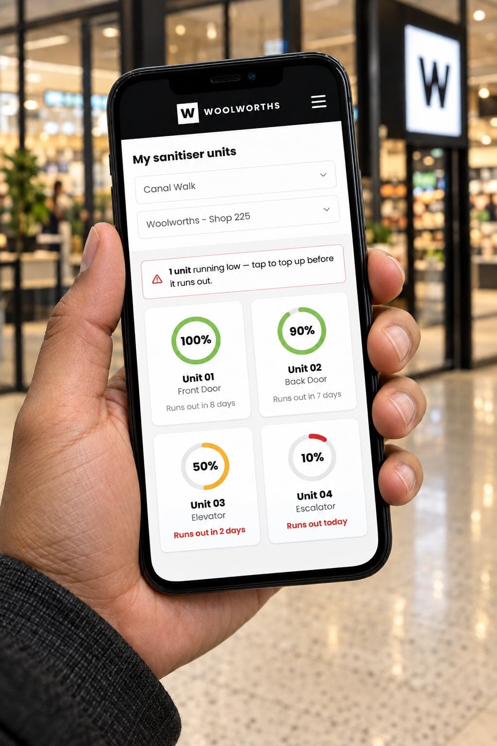 Unit levels in the Woolworths sanitiser app, in store