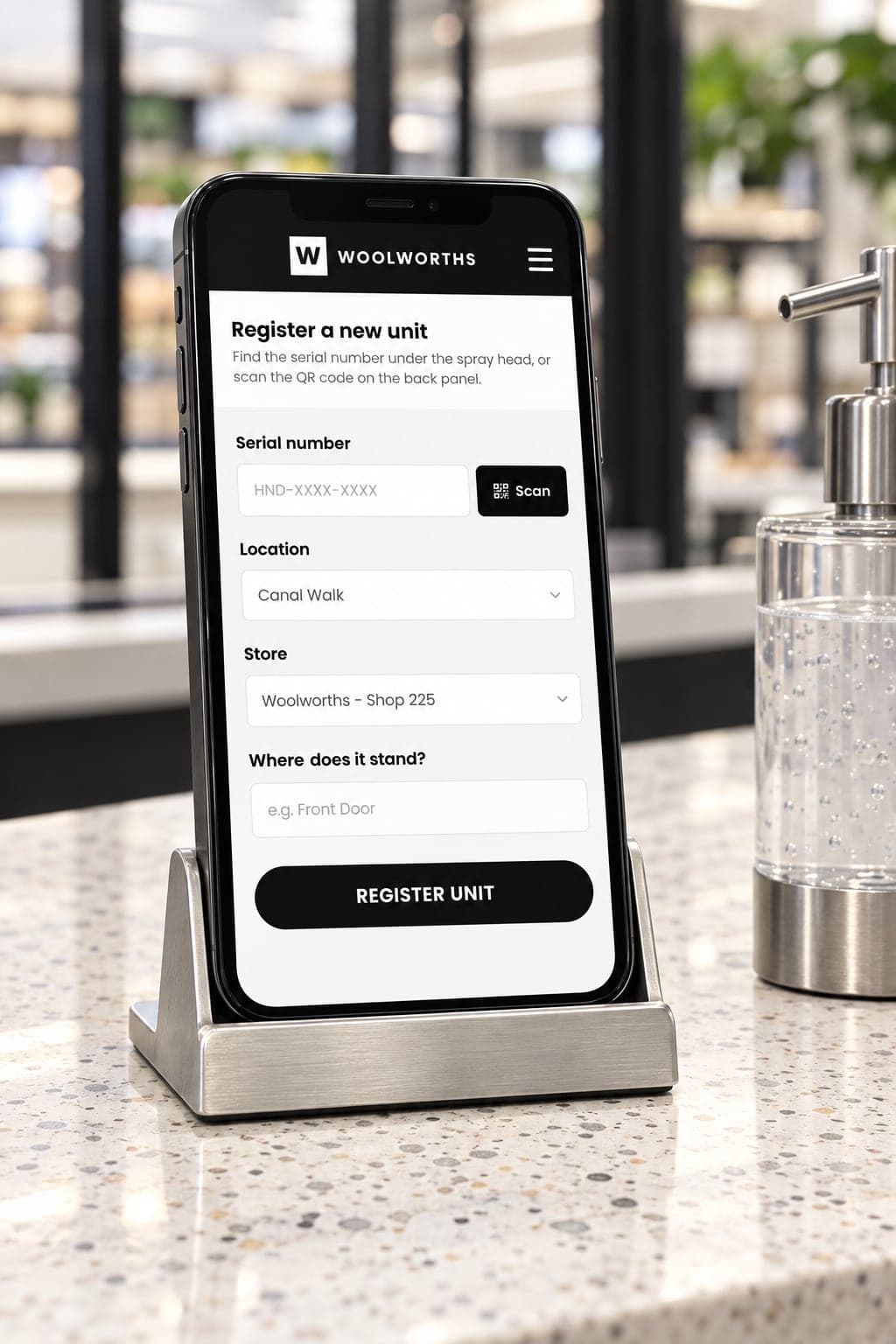 Registering a unit in the Woolworths sanitiser app