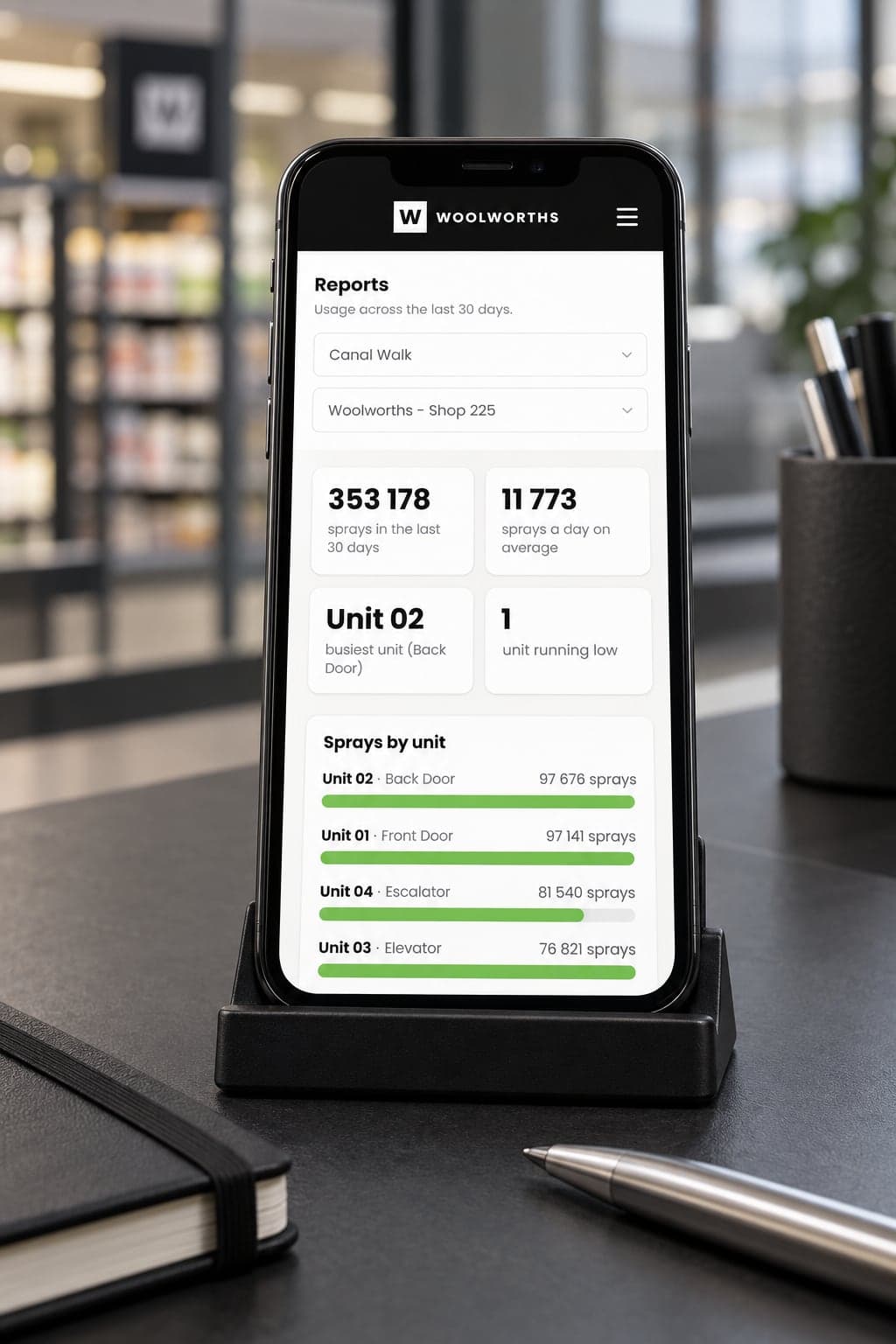 Sprays by unit in the Woolworths sanitiser app