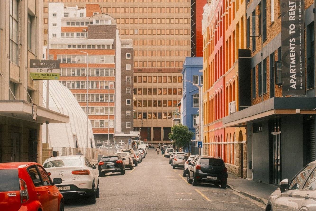 Apartment blocks along a city street
