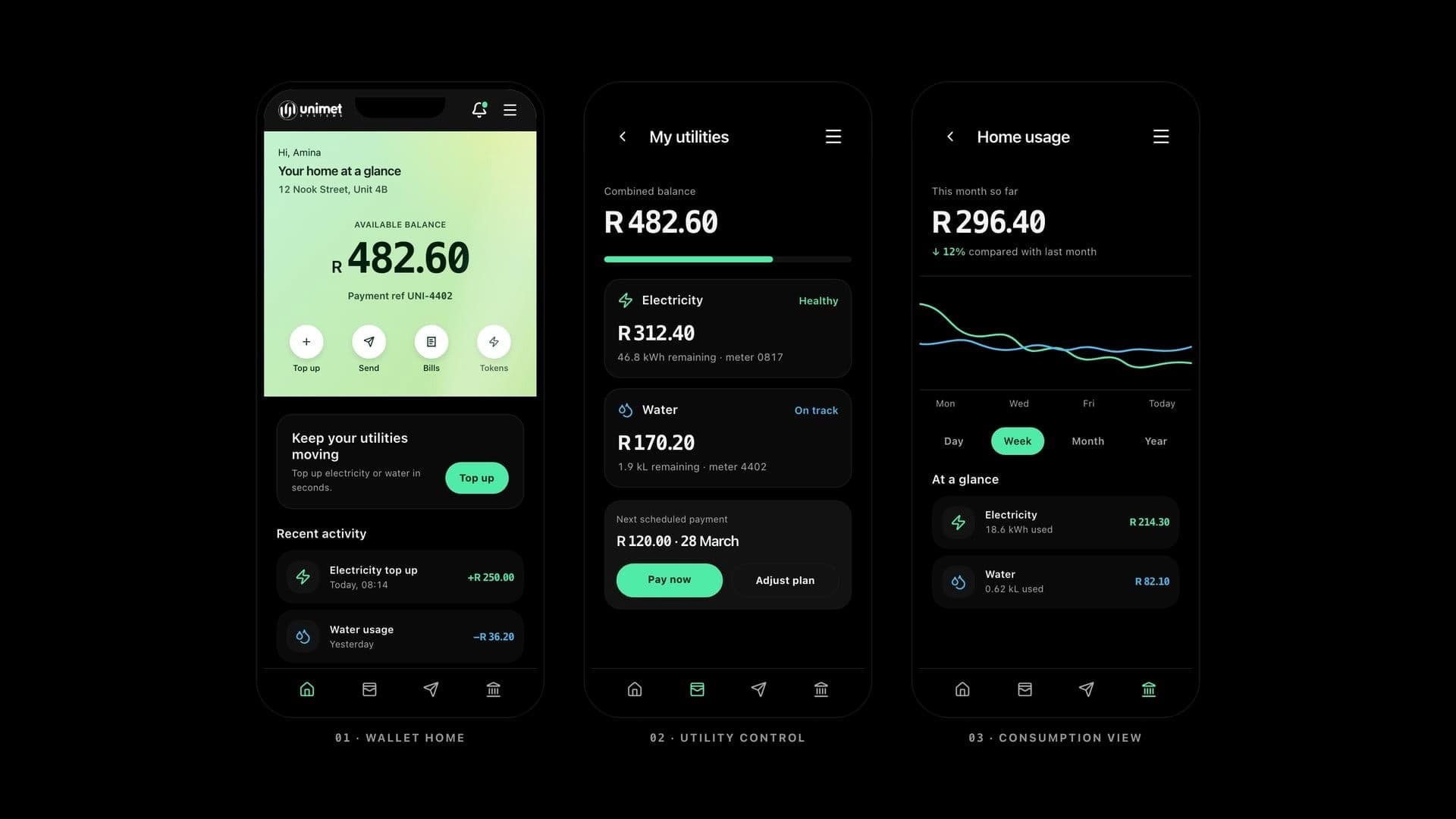 The redesigned Unimet member app: home, meters and statements