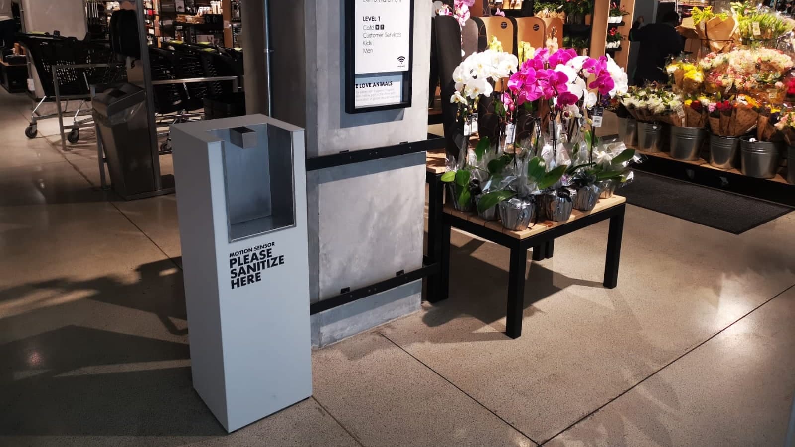 A Handee sanitiser station at the entrance of a Woolworths store