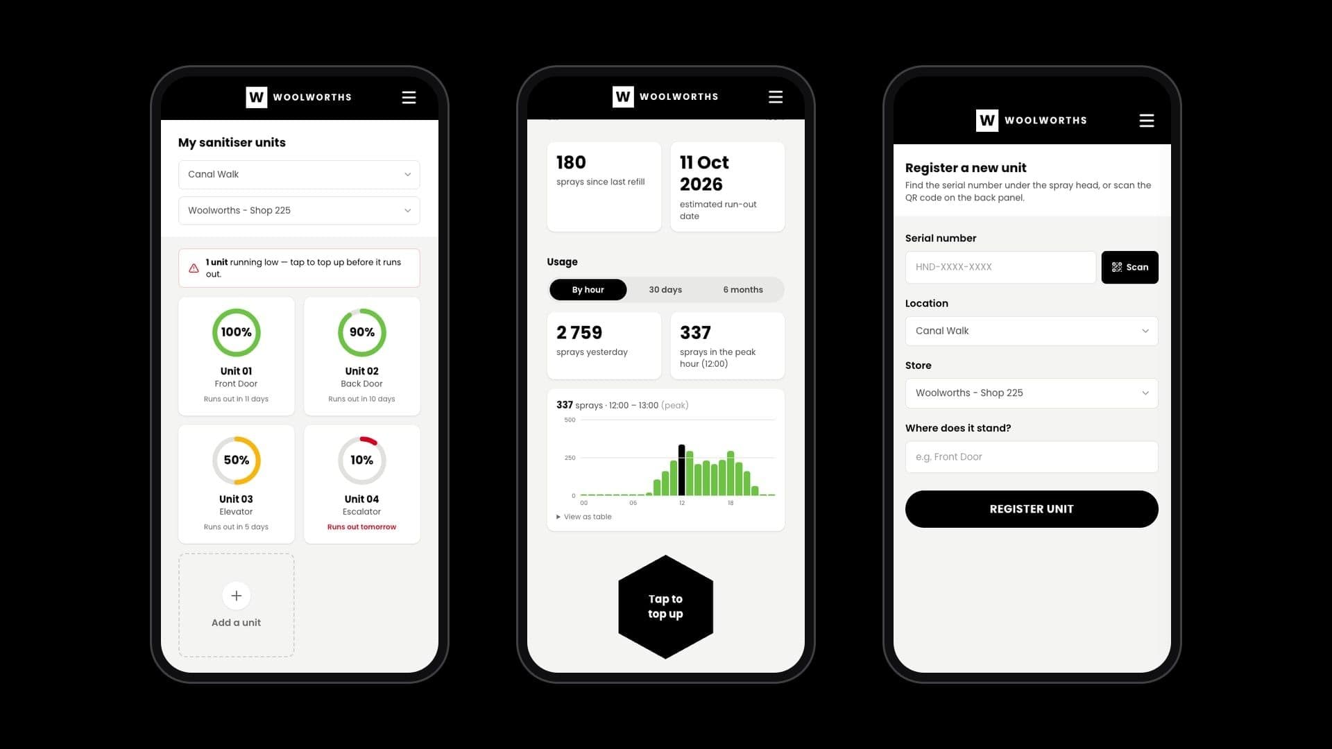 Three screens of the Woolworths sanitiser app