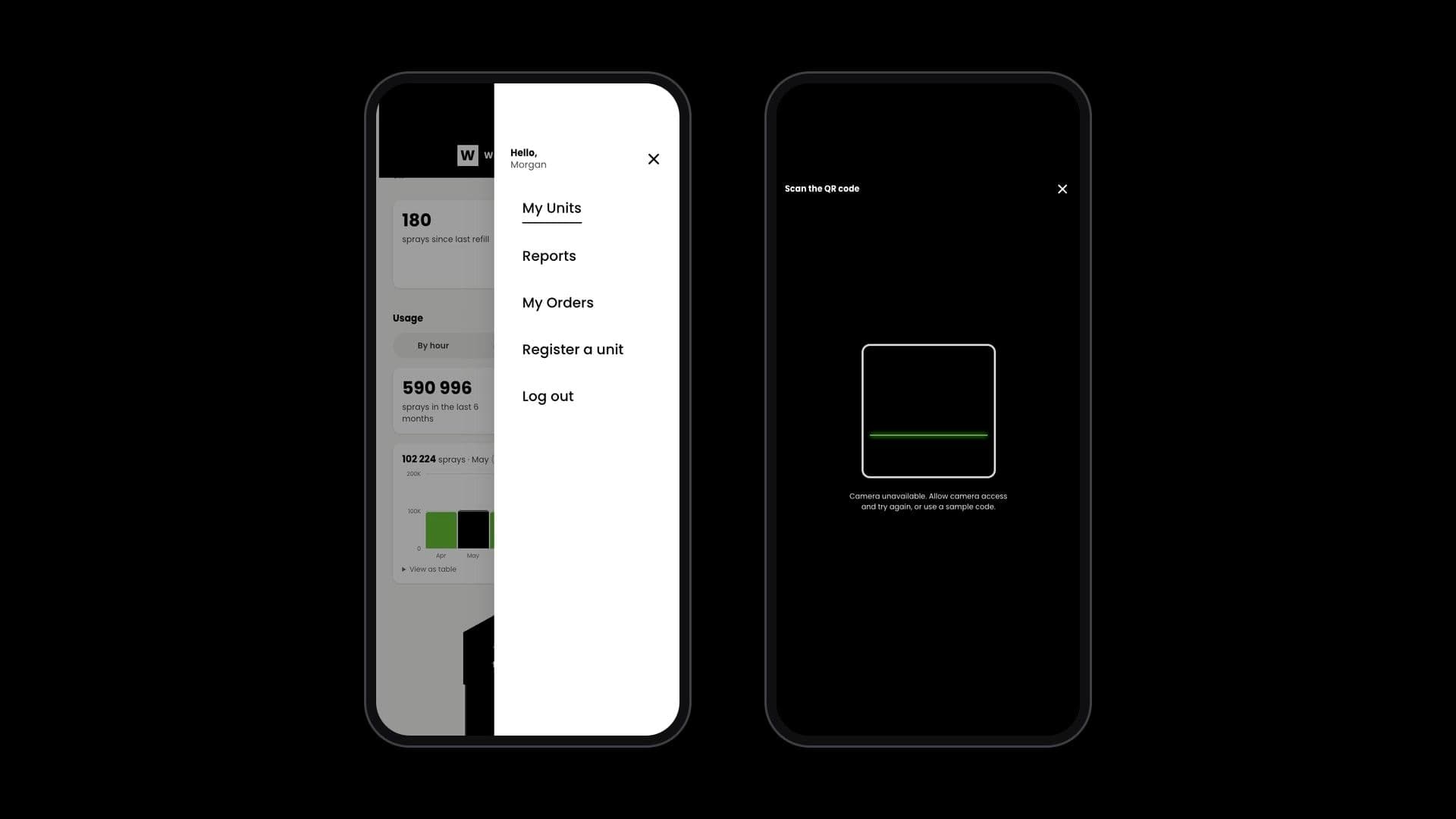 Three more screens of the Woolworths sanitiser app: orders, units and usage